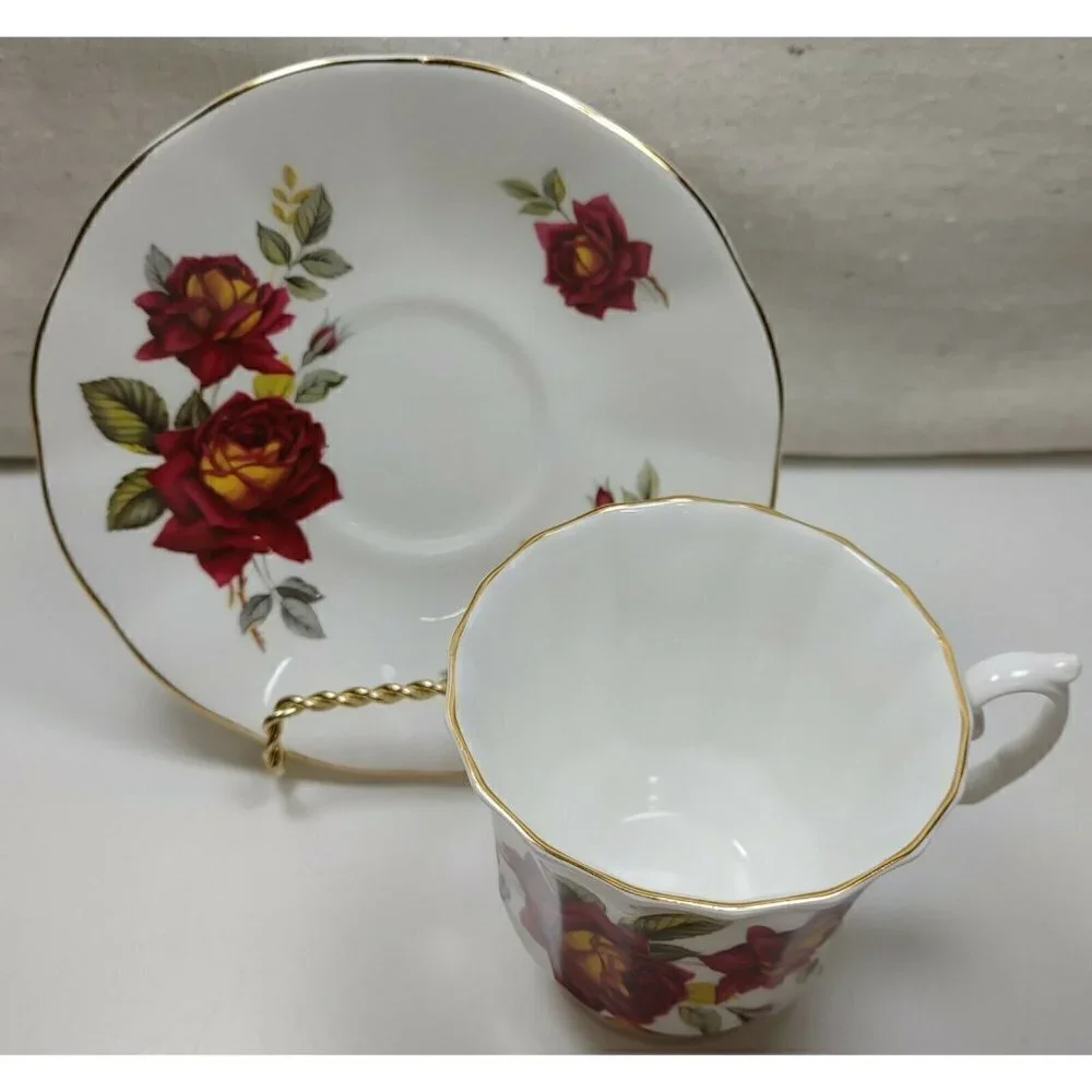 Clare Bone China White Floral Victorian Gold Rim Tea Cup And Saucer Set
